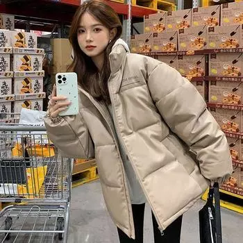 Зимнее утолщенное пальто из искусственной кожи, корейская пара, одежда для хлеба, куртка M чёрный