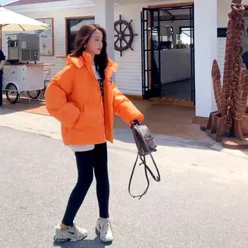Зимнее утолщенное женское пальто с хлопковой подкладкой и куртки оранжевой одежды с капюшоном