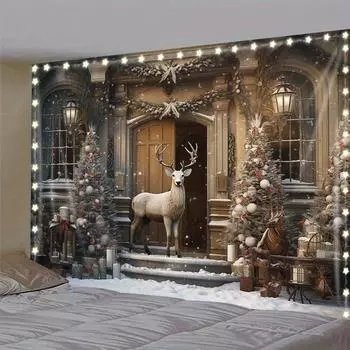 Зимнее утро Олень Рождественская елка Настенный гобелен Рождественская настенная подвесная елка Настенная подвесная елка Великолепная рождественская елка Камин Подарки 90x75cm