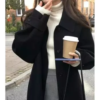 Зимнее винтажное шерстяное пальто Deeptown, женское осенне-зимнее корейское модное пальто большого размера, уличная одежда в стиле «старые деньги», твидовая верхняя одежда S чёрный