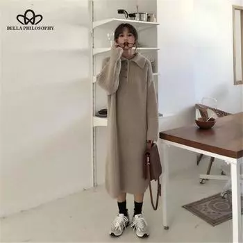 Зимнее вязаное платье, винтажное свободное женское платье-свитер, повседневное женское теплое длинное платье макси, Vestidos S бежевый