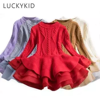 Зимнее вязаное шифоновое платье для девочек, рождественская вечеринка, детская одежда с длинными рукавами, детские платья для девочек, новогодняя одежда 2T красный