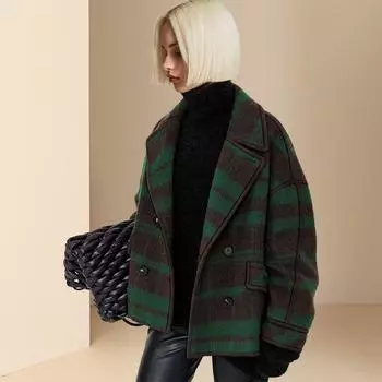 Зимнее высококачественное короткое шерстяное пальто женское с длинным рукавом и отворотом в клетку, двухстороннее шерстяное пальто S
