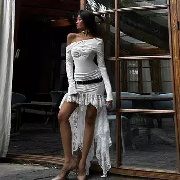 Зимнее женское элегантное платье с длинными рукавами и асимметричным кружевом в стиле пэчворк для похода в горы S чёрный