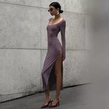 Зимнее женское элегантное платье с длинными рукавами и круглым вырезом, однотонное обтягивающее сексуальное платье с разрезом S чёрный