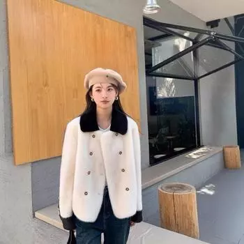 Зимнее женское элегантное полупальто из искусственного меха S чёрный