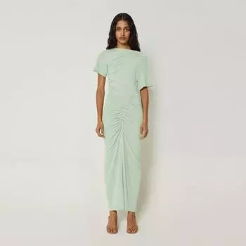 Зимнее женское элегантное темпераментное платье с диагональным воротником и короткими рукавами, однотонное, облегающее платье с высокой талией S зелёный