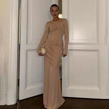 Зимнее женское элегантное темпераментное платье с круглым вырезом и длинными рукавами, бантом, облегающим силуэтом и запахом на ягодицах S чёрный