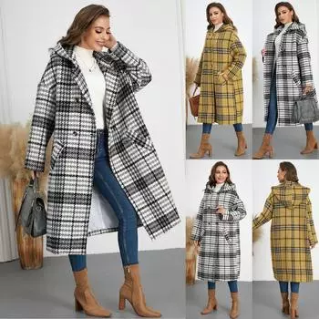 Зимнее женское длинное пальто в клетку с капюшоном и лацканами 2024 года S