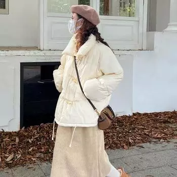 Зимнее женское хлопковое пальто с роговыми пуговицами свободного кроя и куртка-хлебка S синий