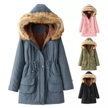 Зимнее женское хлопковое пальто с завязками на талии, облегающий крой, искусственный меховой капюшон, флисовая подкладка M чёрный