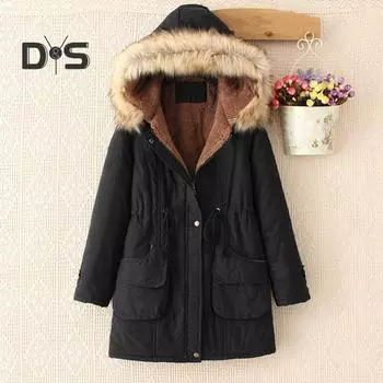Зимнее женское хлопковое пальто с завязками на талии, облегающий крой, искусственный меховой капюшон, флисовая подкладка, застежка на молнию и кнопки, ветрозащитная куртка средней длины, верхняя одежда M чёрный