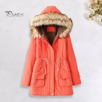 Зимнее женское хлопковое пальто с завязками на талии, облегающий крой, искусственный меховой капюшон, флисовая подкладка, застежка на молнию и кнопки, ветрозащитная куртка средней длины, верхняя одежда M темно-оранжевого