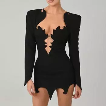 Зимнее женское модное платье с глубоким V-образным вырезом и длинными рукавами S чёрный