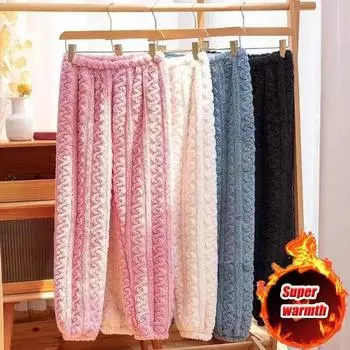 Зимнее женское нижнее белье Термобелье Теплые брюки Бархатные пижамные штаны Талия Домашние женские повседневные брюки из кашемира Осень 40-70KG-1PCS красный