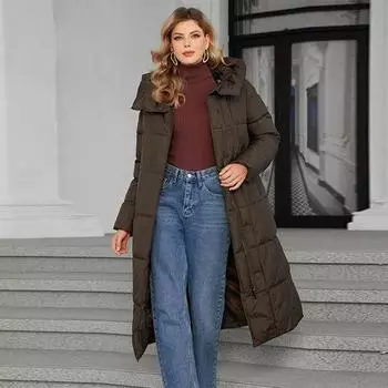 Зимнее женское пальто 2024 года, модная женская стеганая куртка с большим капюшоном, длинная однотонная хлопковая парка 42 печень каштановый