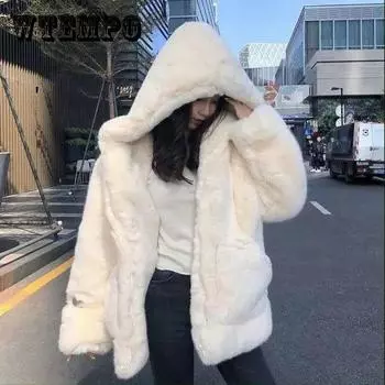 Зимнее женское пальто из искусственного меха норки с капюшоном, плотное теплое пальто из искусственного меха, свободное плюшевое пальто из норки большого размера XL белый