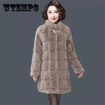 Зимнее женское пальто из искусственного меха, черная роскошная плотная верхняя одежда средней длины, пальто с воротником-стойкой, модная женская одежда