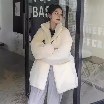 Зимнее женское пальто из искусственного меха кролика Рекс средней и длинной длины из утолщенной овечьей шерсти с воротником-стойкой, плюшевое пальто S [within 52.5kg] абрикосовый