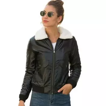 Зимнее женское пальто из искусственной кожи, теплая куртка на молнии, осеннее повседневное кожаное пальто с искусственным мехом, верхняя одежда S чёрный