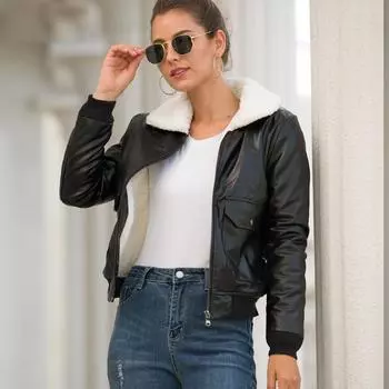 Зимнее женское пальто из искусственной кожи, теплая куртка на молнии, осеннее повседневное кожаное пальто с искусственным мехом, верхняя одежда XS чёрный