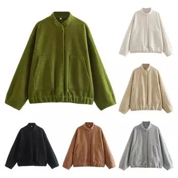 Зимнее женское пальто кардиган с длинными рукавами однотонный цвет воротник стойка карманы свободная средняя длина теплая куртка для шопинга и поездок на работу L