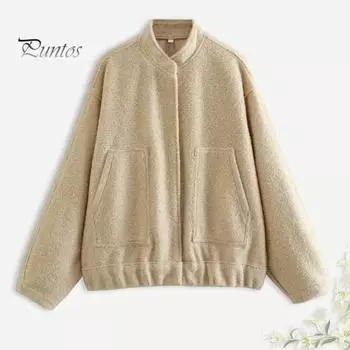 Зимнее женское пальто кардиган с длинными рукавами однотонный цвет воротник стойка карманы свободная средняя длина теплая куртка для шопинга и поездок на работу L