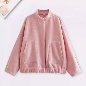 Зимнее женское пальто кардиган с длинными рукавами однотонный цвет воротник стойка карманы свободная средняя длина теплая куртка для шопинга и поездок на работу M