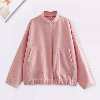 Зимнее женское пальто кардиган с длинными рукавами однотонный цвет воротник стойка карманы свободная средняя длина теплая куртка для шопинга и поездок на работу S бежевый