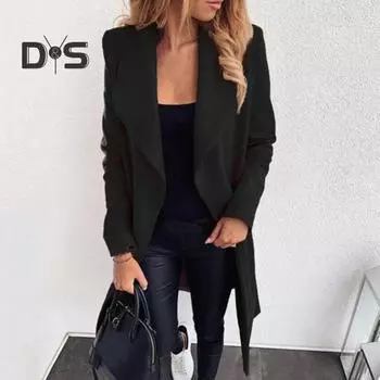 Зимнее женское пальто кардиган со шнуровкой на поясе, длинные рукава, однотонный отложной воротник, свободная, средней длины, теплая куртка для шопинга и поездок на работу L чёрный