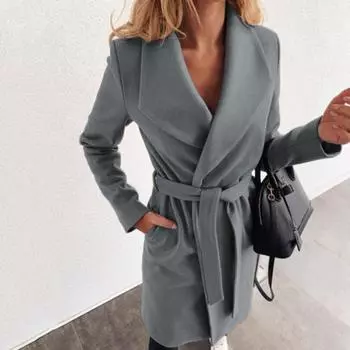 Зимнее женское пальто кардиган со шнуровкой на поясе с длинными рукавами однотонный отложной воротник свободный средней длины теплый M серый