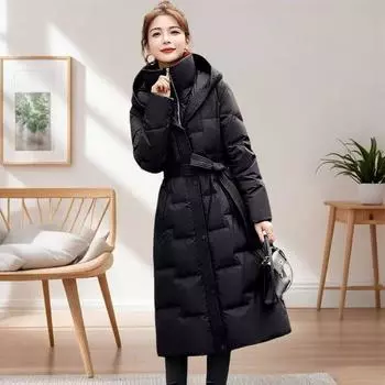 Зимнее женское пальто на утином пуху с капюшоном на молнии, длинная верхняя одежда, повседневное толстое теплое однотонное пальто с поясом XXXL чёрный