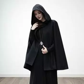 Зимнее женское пальто-накидка с капюшоном, средневековая ретро-накидка, готическая, сохраняющая тепло шаль, длиной до колена, свободный плащ, плотный, застегивающийся на одну пуговицу, уличное пончо, пират L чёрный