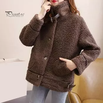 Зимнее женское пальто однобортное с отложным воротником, длинными рукавами, свободными толстыми плюшевыми карманами, поясом, декором, ветрозащитная теплая куртка L кофейный