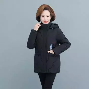 Зимнее женское пальто с хлопковой подкладкой, куртка с вышивкой для мамы, черная плотная одежда XL чёрный