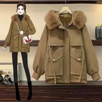 Зимнее женское пальто с хлопковой подкладкой и длинными рукавами, с капюшоном, утолщенное свободное пальто на молнии средней длины, верхняя одежда, куртка, уличная одежда, парки XXXXL чёрный