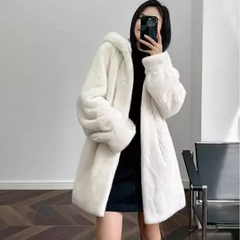 Зимнее женское пальто с капюшоном из искусственного меха S чёрный