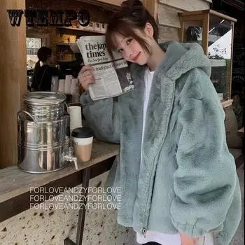 Зимнее женское пальто с капюшоном из норкового флиса, толстое теплое пальто из искусственного меха, свободное плюшевое пальто из норкового меха большого размера XXXL зелёный