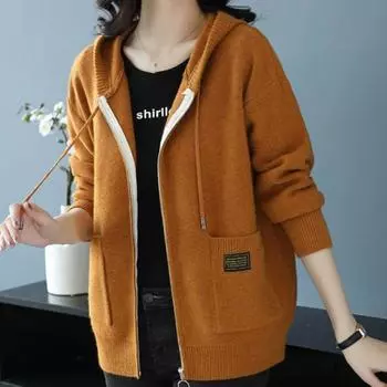 Зимнее женское пальто с капюшоном, завязками, трикотажное, с длинными рукавами, карманами, плотное, сохраняющее тепло, чистое кофейный