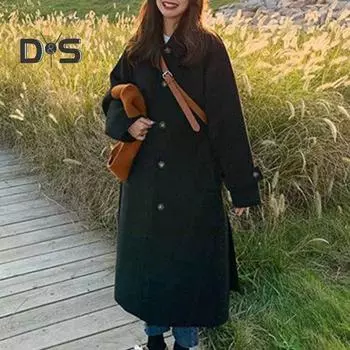 Зимнее женское пальто с поясом, обтягивающее талию, плотное, свободное, ветрозащитное, теплое, с длинным рукавом, средней длины, отложным воротником, однобортное, женское пальто для поездок на работу XL чёрный