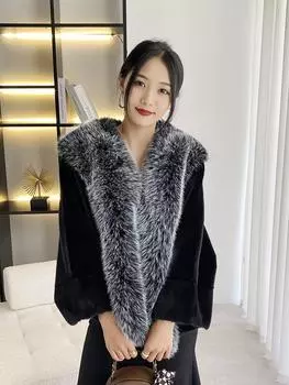 Зимнее женское пальто с рукавами «летучая мышь» из искусственного бархата на пуговицах, короткое пончо, накидка, пальто с воротником из искусственного меха лисы, свободная плюшевая куртка One Size чёрный
