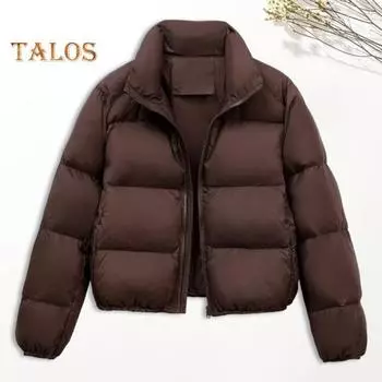 Зимнее женское пальто с воротником-стойкой, защитой шеи, застежкой-молнией, длинными рукавами, ветрозащитное, сохраняющее тепло, утепленное пуховое пальто для мужчин, приталенная куртка для отдыха на открытом воздухе S кофейный