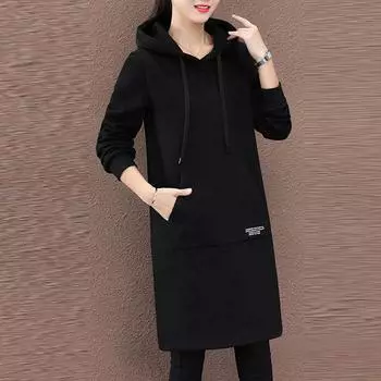Зимнее женское повседневное модное платье с капюшоном длиной до колена с надписью Lady Sleeve 3XL чёрный