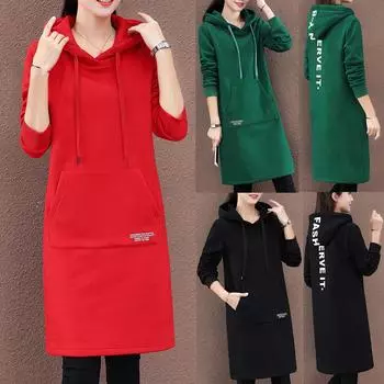 Зимнее женское повседневное модное платье с капюшоном длиной до колена с надписью Lady Sleeve L чёрный