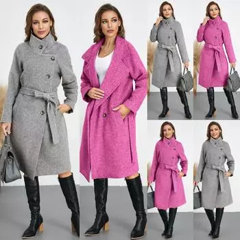 Зимнее женское приталенное шерстяное пальто 2024 года из шерсти, куртка с поясом от Transborder Foreign Trade S