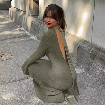 Зимнее женское сексуальное платье с бретелью через шею, сшитое из ленты, с длинными рукавами, темпераментное облегающее модное платье S чёрный