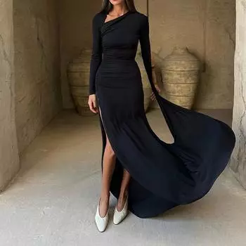 Зимнее женское сексуальное темпераментное однотонное платье с высокой талией и узким разрезом с длинными рукавами S чёрный