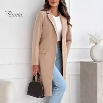 Зимнее женское шерстяное пальто с застежкой на пуговицы, плотная куртка средней длины, однотонная, с отложным воротником, теплое, формальное, деловое, для поездок на работу, пальто S хаки