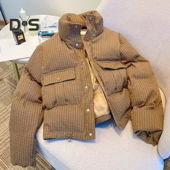 Зимнее женское стеганое пальто с утолщенной застежкой на пуговицы, воротником-стойкой, длинными рукавами, однотонная ветрозащитная, сохраняющая тепло куртка для отдыха на открытом воздухе S хаки