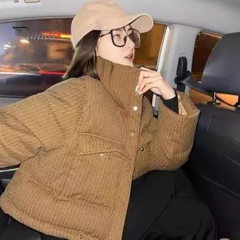 Зимнее женское стеганое пальто с утолщенной застежкой на пуговицы, воротником-стойкой, длинными рукавами, однотонная ветрозащитная, сохраняющая тепло куртка для отдыха на открытом воздухе S хаки